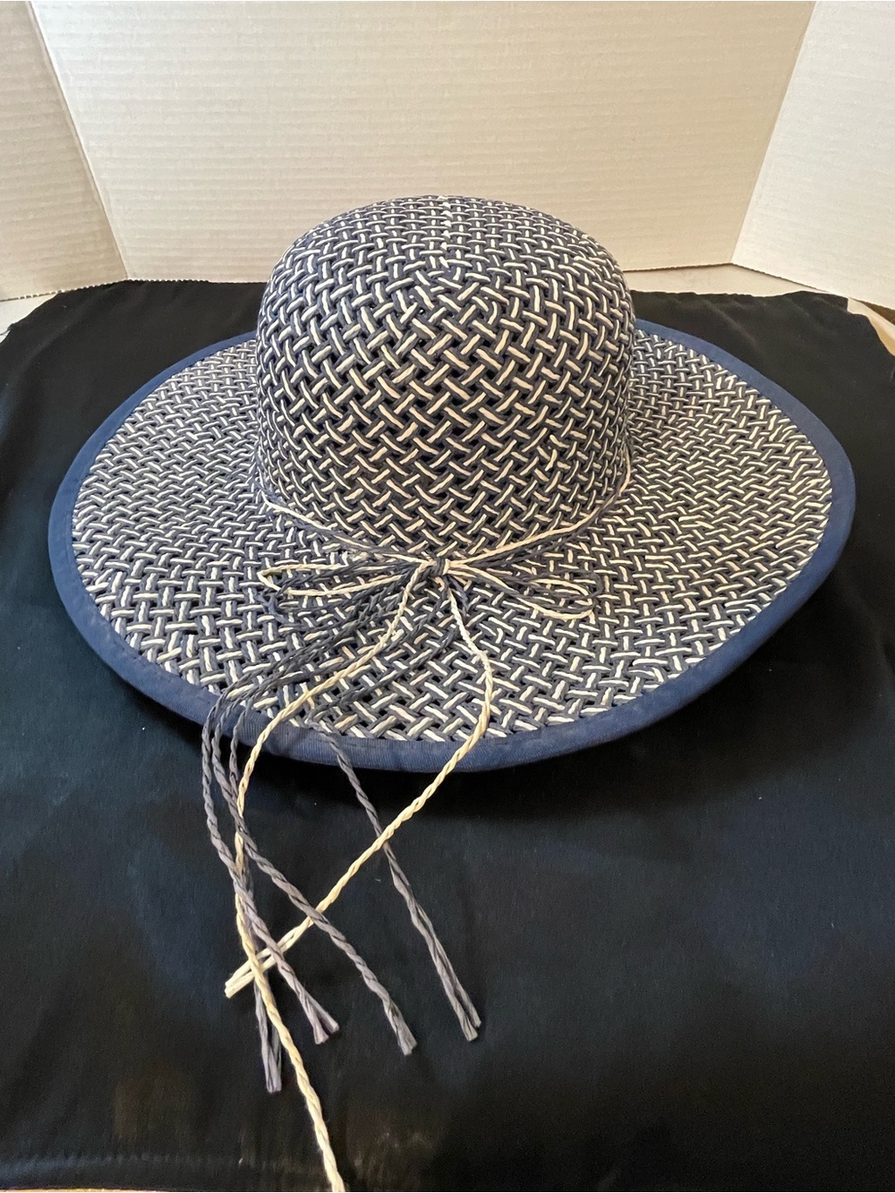 Braided Navy and Natural Straw Wide-Brim Hat